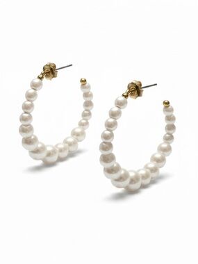 Chunky Gold Tone Faux Pearl Hoop Earrings